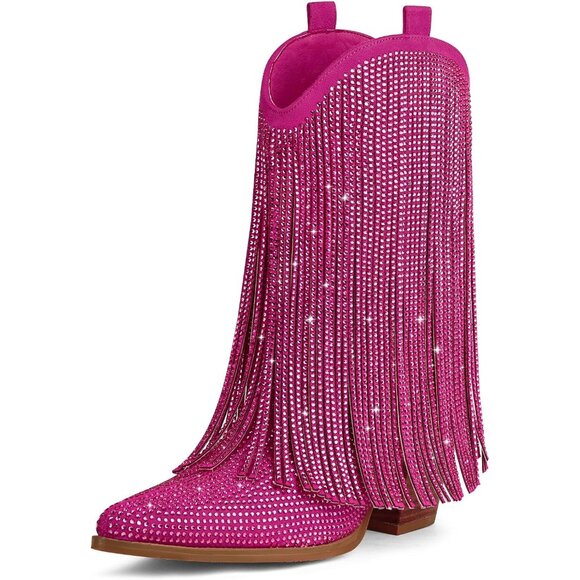 Women's Western Rhinestone Sparkly Fringe Chunky Heel Pointed Toe Ankle Boots - Picture 1 of 7